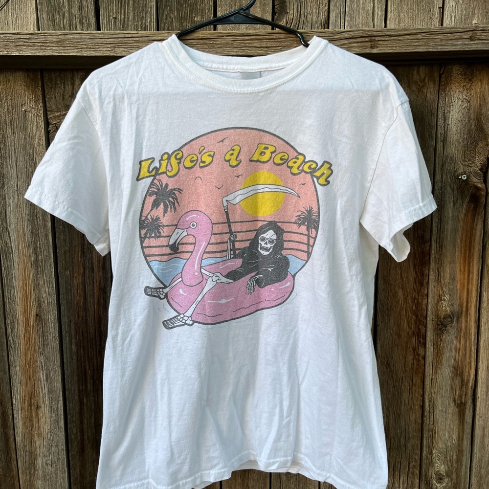 Life’s a Beach Grim Reaper Retro White Tee Summer Halloween Tshirt